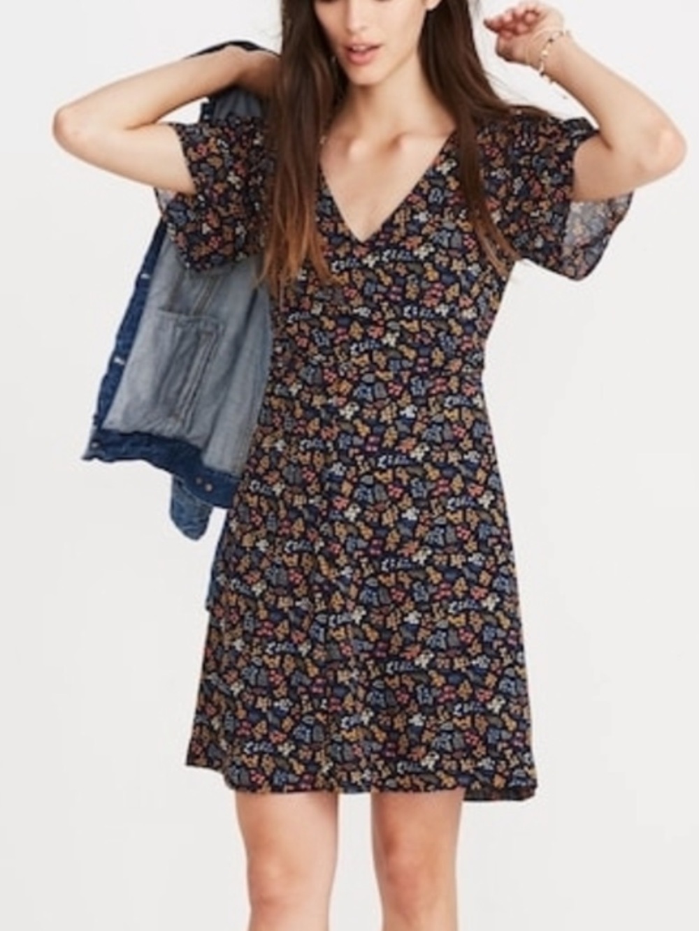 Madewell Black Floral V-Neck Short Dress